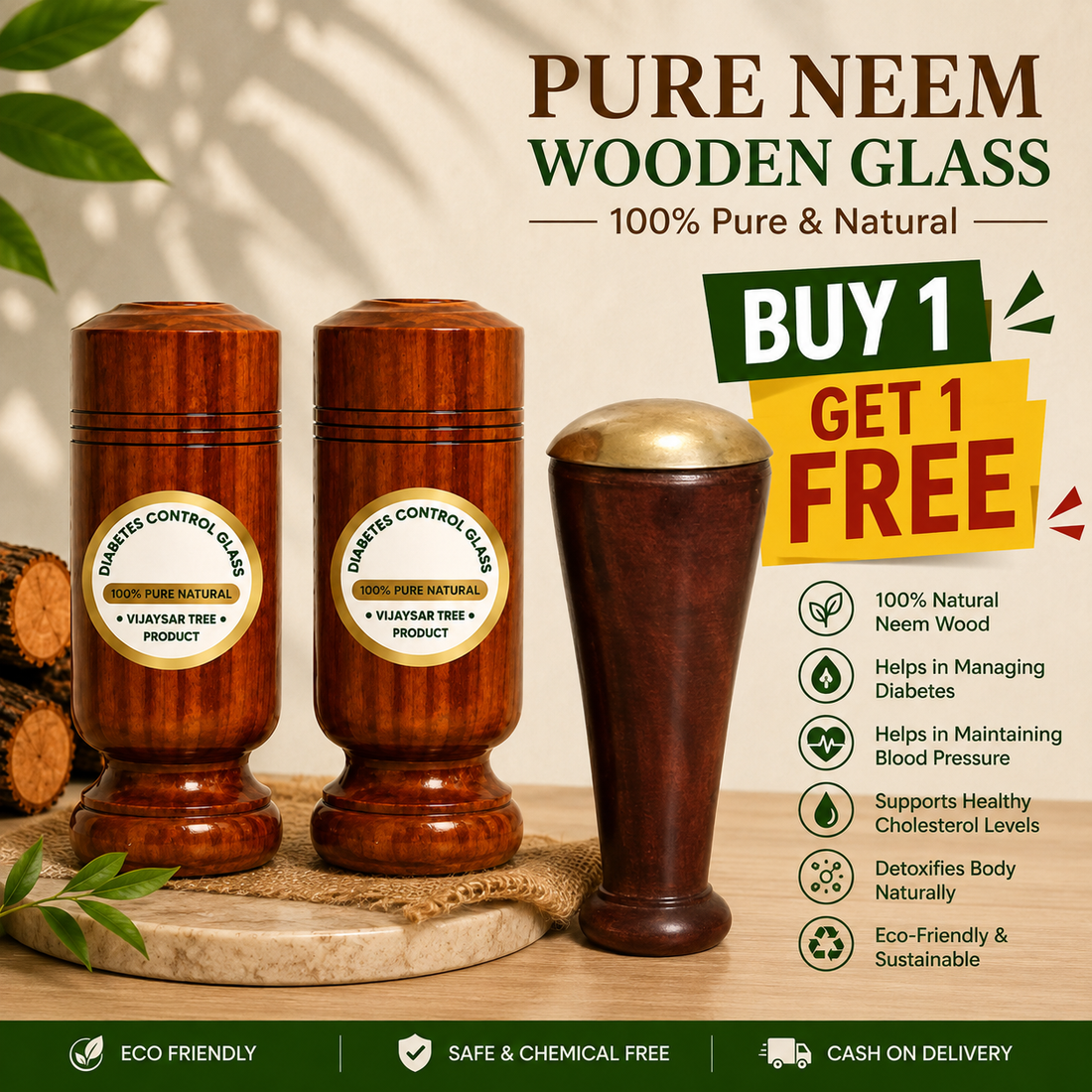 🌿 Pure Neem Wooden Glass and kansa wood massager